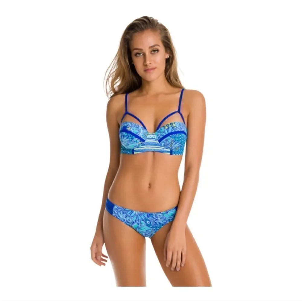KikiRio Blue Boho Floral Print Joey Demi Bandeau Top; SZ 34C/36B; BNWT